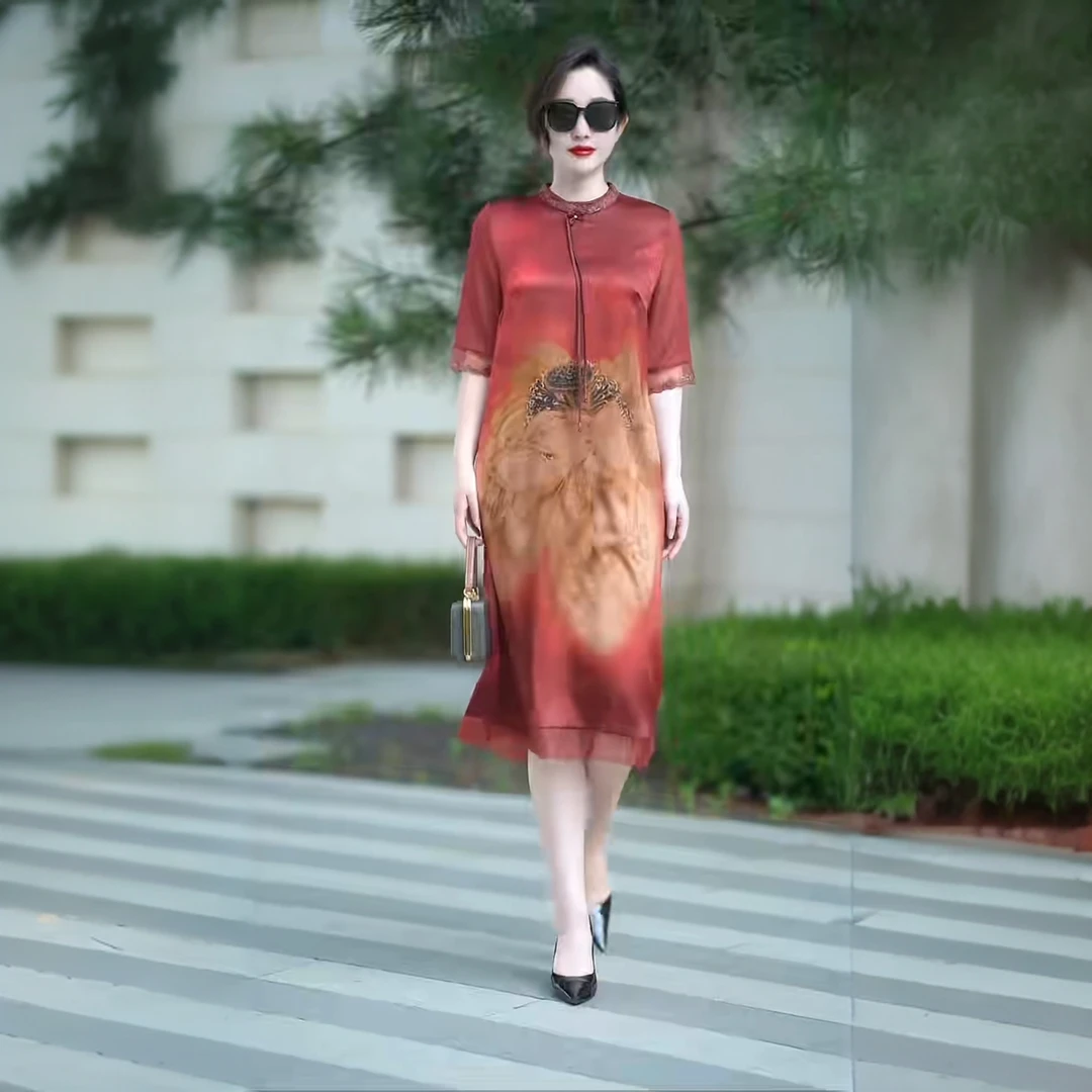 169重磅大码旗袍裙中老年妈妈装中袖立领刺绣连衣裙定位花长裙子