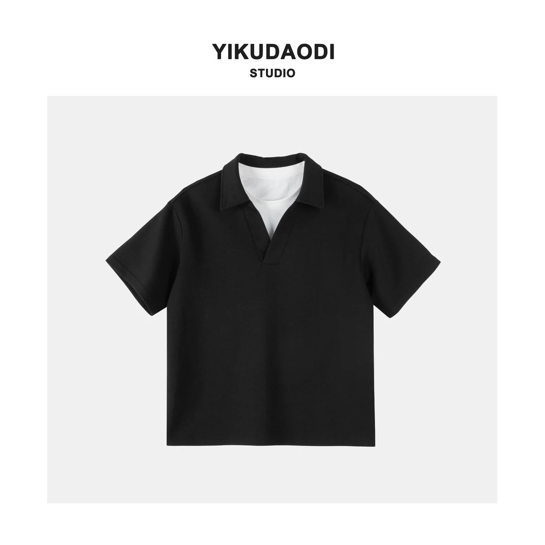 [古巴领假两件设计]夏季新款翻领POLO衫男士短袖宽松休闲体恤