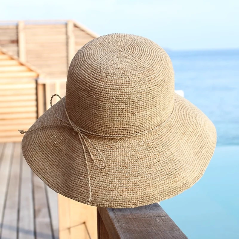 特细拉菲草帽女夏季海边出游大檐沙滩帽可折叠圆顶渔夫帽透气可调