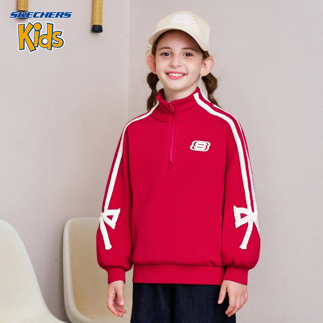 斯凯奇秋冬女童童装红卫衣半拉链立领撞色条纹蝴蝶结装饰儿童上衣