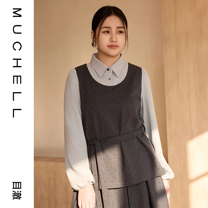 目澈MUCHELL春季新款【看得最远】波点假两件大码衬衫MDS1CD3017