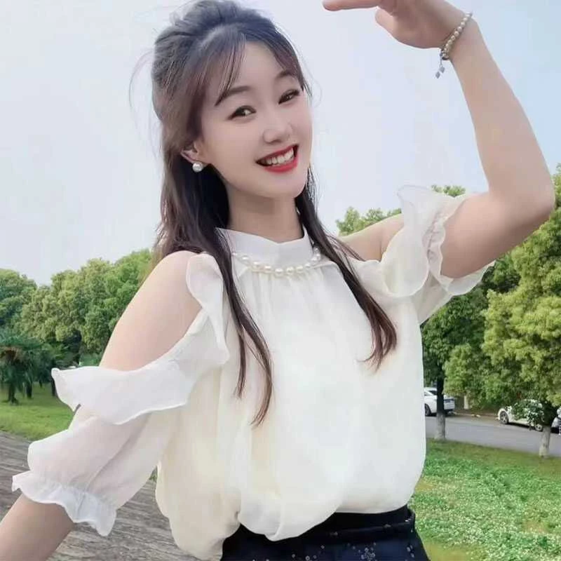 法式珍珠挂脖露肩雪纺衫女夏季洋气减龄喇叭短袖上衣清新甜美小衫