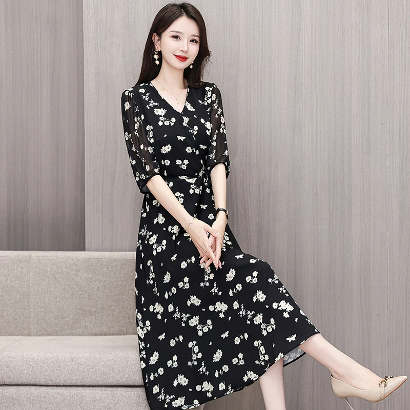 大摆裙轻职风七分袖连衣裙收腰过膝女装气质大码裙子9881