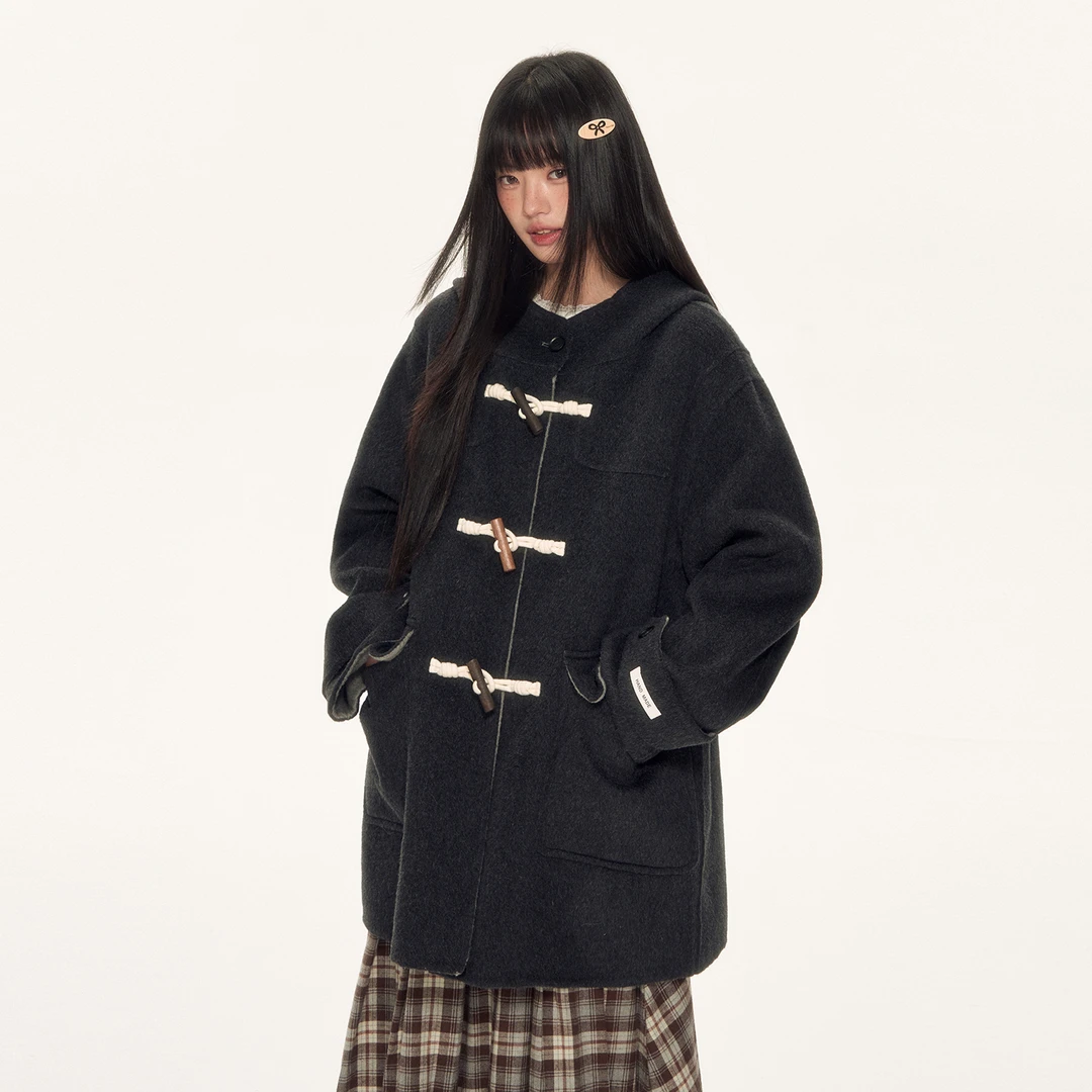 WEEKEND HUB连帽牛角扣大衣女款2025新款双面羊绒中长款毛呢外套