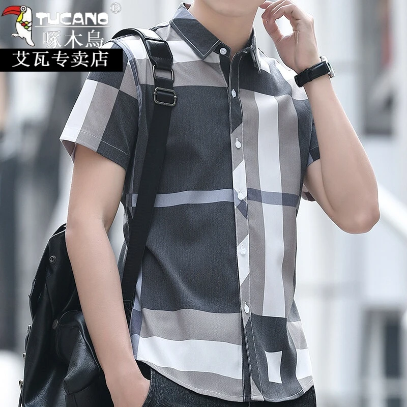 TUCANO/啄木鳥夏款修身短袖男士韩版条纹格子衬衫帅气薄款上衣服