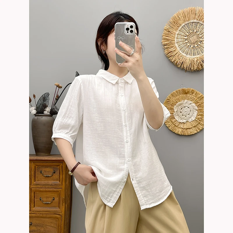 高级感百搭夏季新款双层棉纱女衬衫纯色显瘦洋气潮流小众设计感