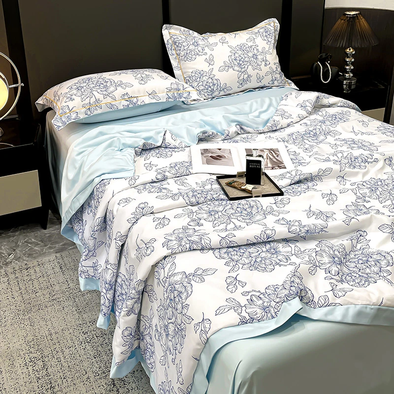 法式新款冰丝凉感印花水洗夏凉被四件套掐轻奢高颜值透气空调薄被