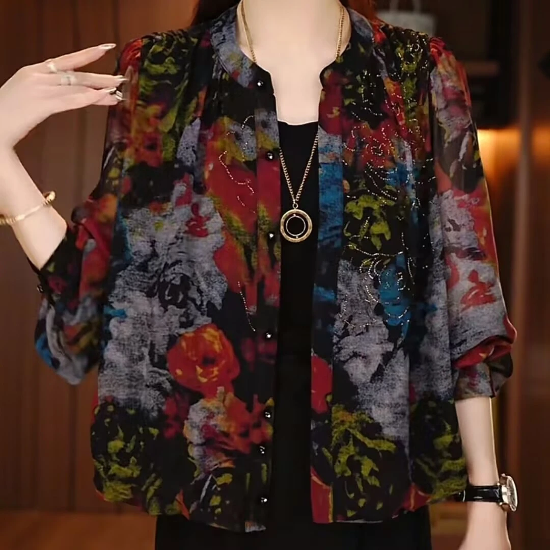 【洒银工艺】夏季碎花冰丝九分袖防晒薄款开衫衬衫妈妈上衣防晒小衫