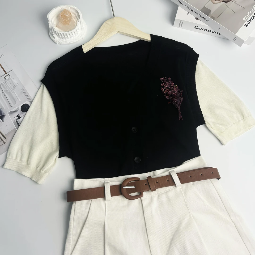 新新定制-V领假两件薄款图案款针织开衫短袖153219