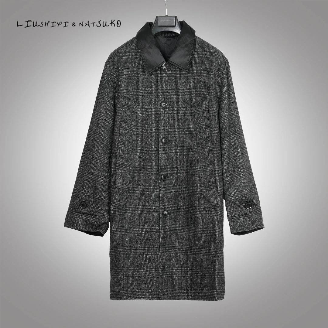 L&N设计师格纹男款双排扣印花呢大衣中长款休闲毛呢大衣秋冬