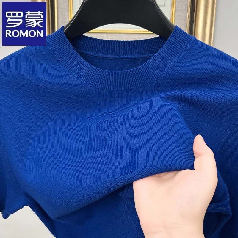 下架纯色圆领短袖男士毛衣春秋季新款中青年时尚蓝色百搭针织衫潮