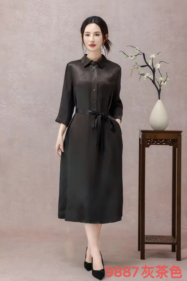 【女装连衣裙】2025年休闲系带长裙时尚长袖宽松连衣裙9887