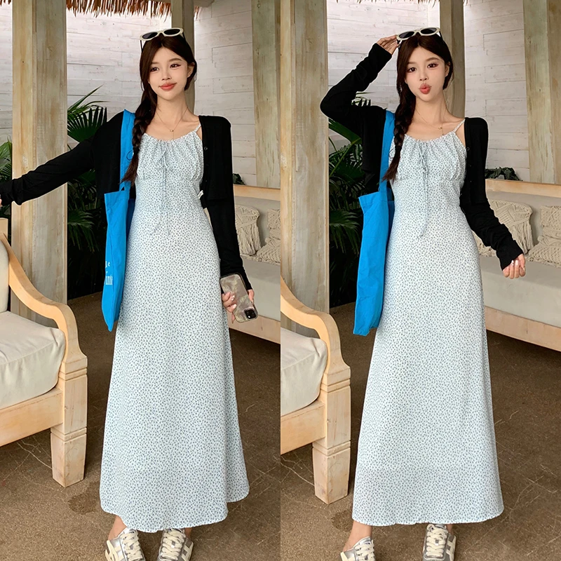 大码胖mm法式温柔风2025夏季新款防晒开衫外套甜美碎花吊带连衣裙