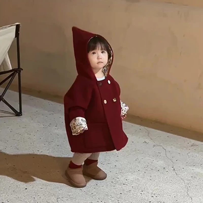 现货）女童新年红色外套大衣秋冬新年中长款宝宝时髦保暖红色外套
