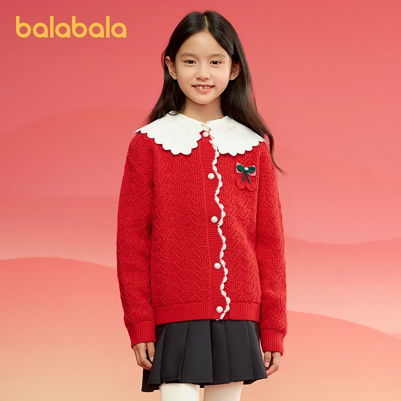 巴拉巴拉童装女童毛衣2025春装新款儿童毛衫红色针织保暖撞色开衫