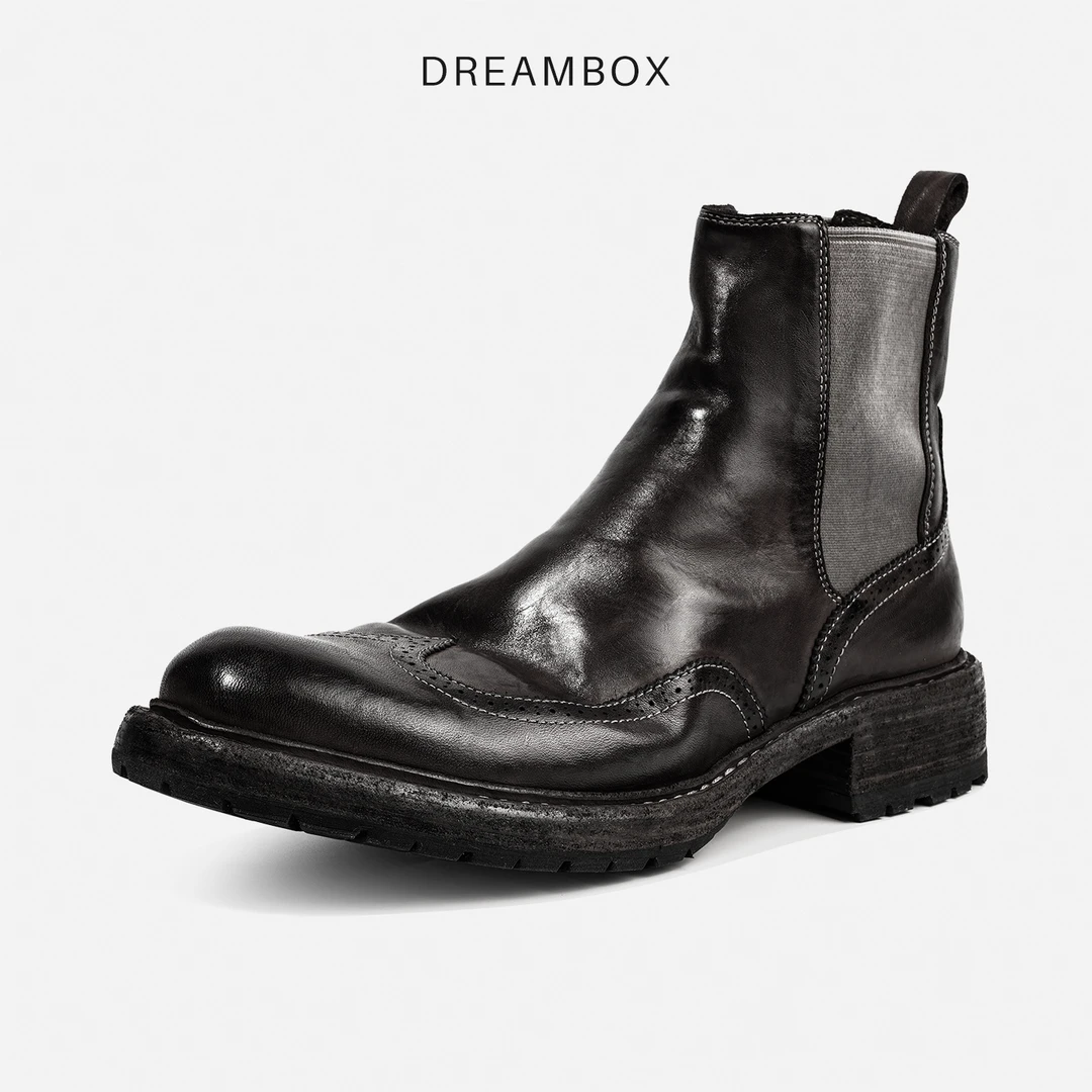 dreambox钧博vibram防滑男靴水洗马皮靴子手工布洛克雕花切尔西靴