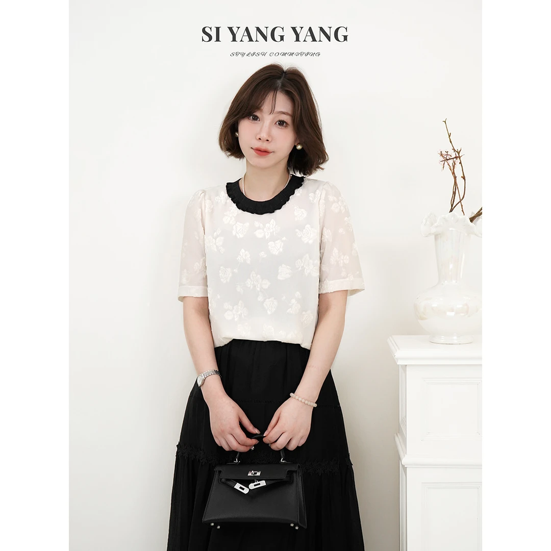 SIYANG轻奢重工烧花显瘦上衣气质百搭通勤短袖T恤SY503A044SYY