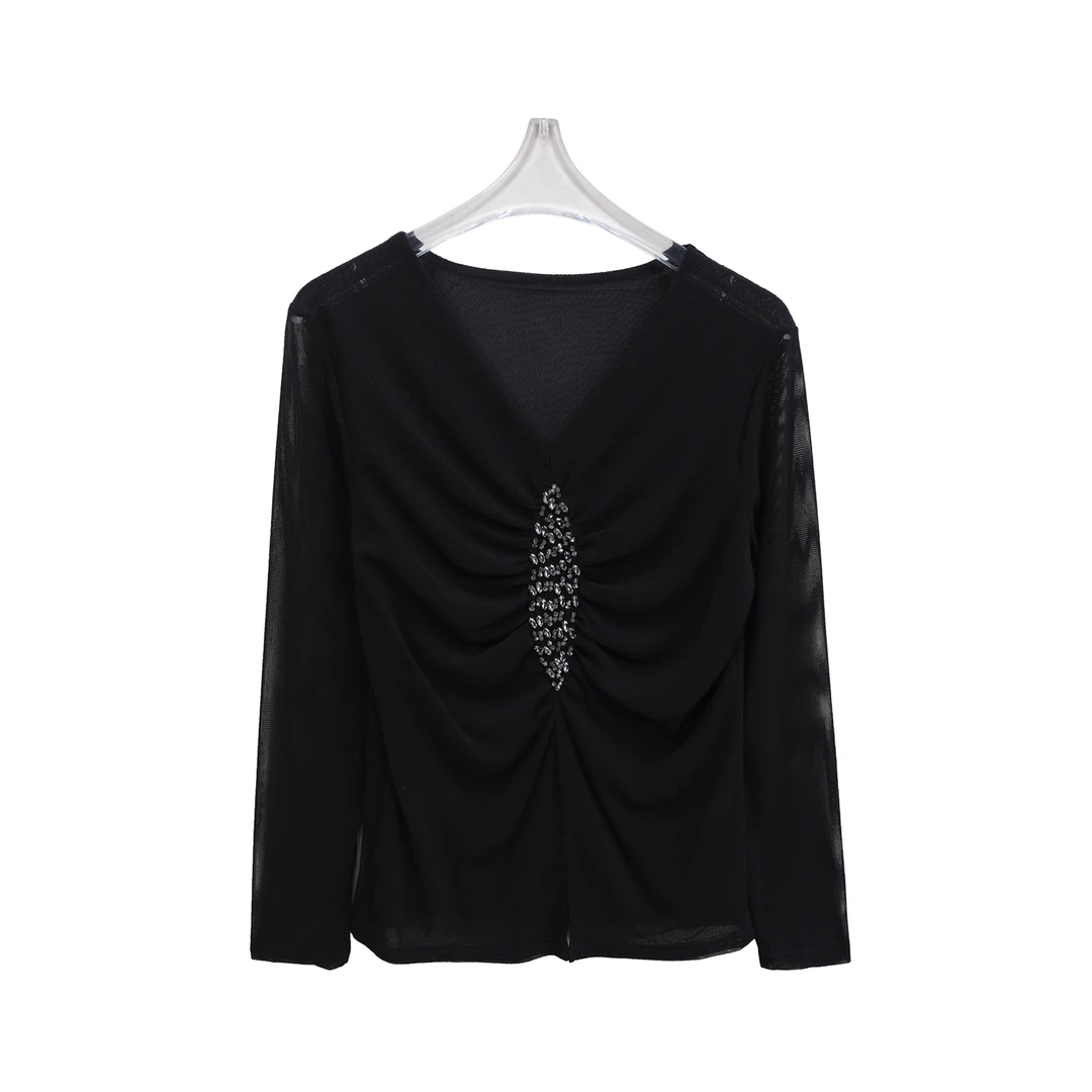 时尚V领长袖T恤女重工钉珠修身显瘦网纱上衣C11038