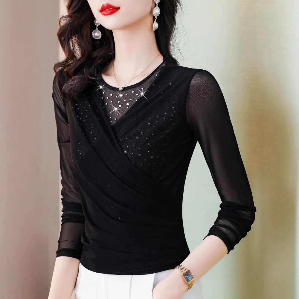 时尚交叉领小衫女2022秋冬新款长袖圆领加绒纯色修身妈妈装打底衫