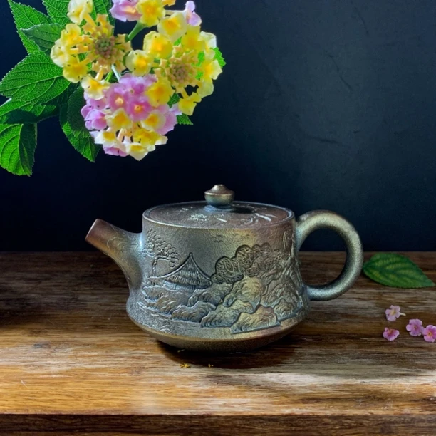 云南建水紫陶茶壶山水人家陶瓷壶浮雕柱础泡茶壶古法柴烧球孔壶