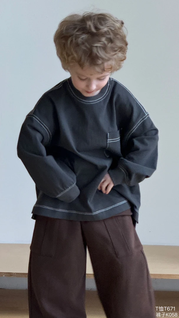 牛仔复古男童女长袖男韩版黑色吸汗学院风百搭T恤