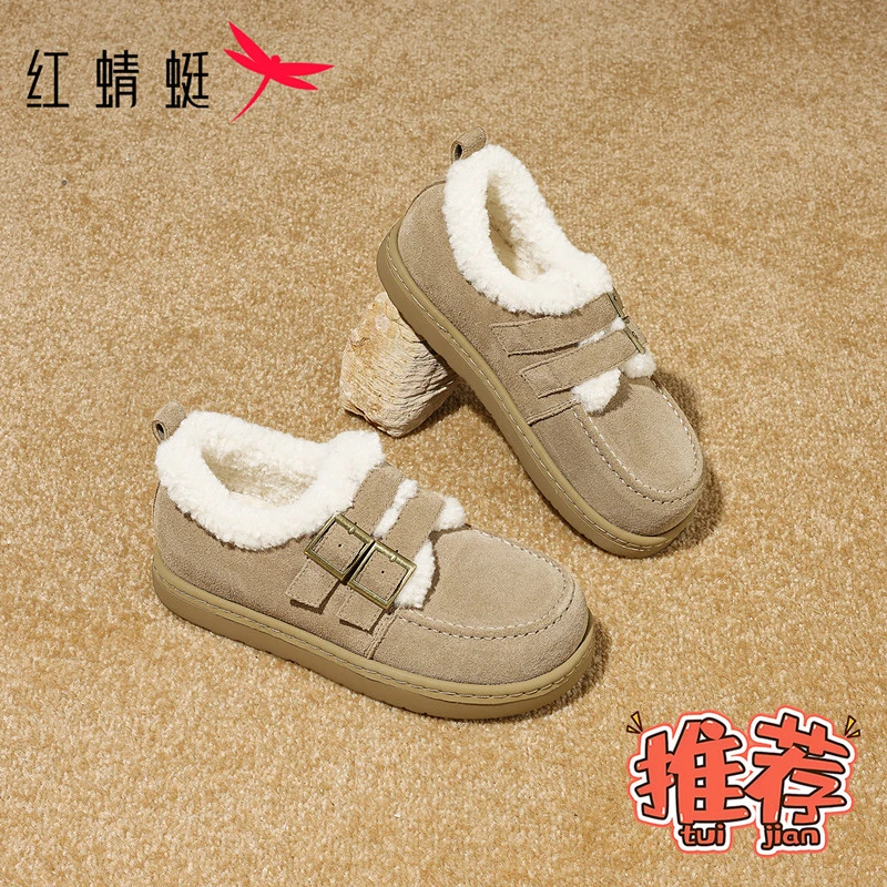 红蜻蜓女时尚休闲加绒勃肯鞋女冬季新款明星同款百搭厚底美式棉鞋