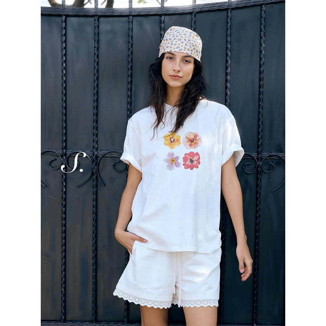 shyshy花 质感棉质拓印效果舒适感宽松两色印花短袖t恤上衣