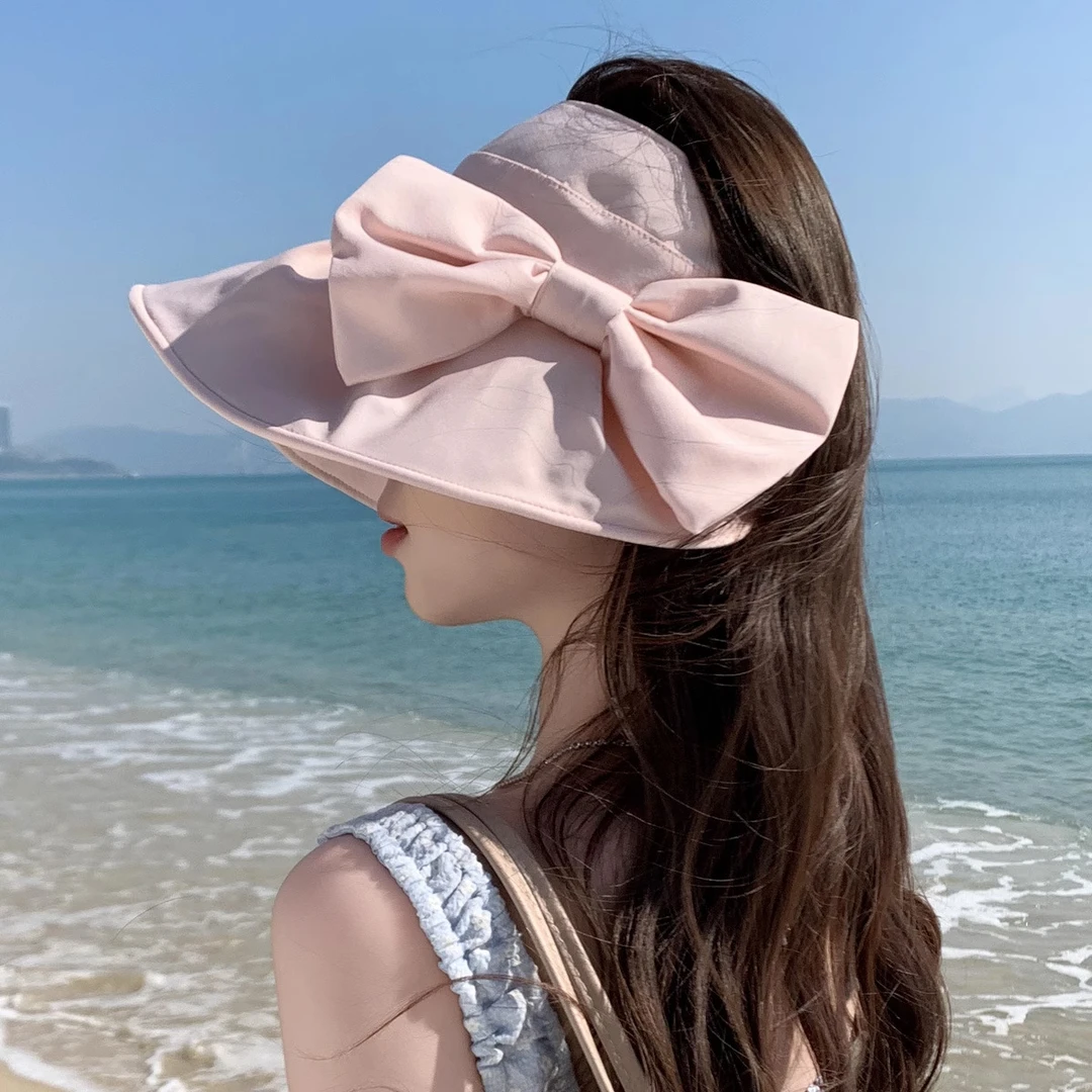 女可爱户外防晒大檐帽子蕉下百搭显脸小马尾孔蝴蝶结防晒空顶帽子