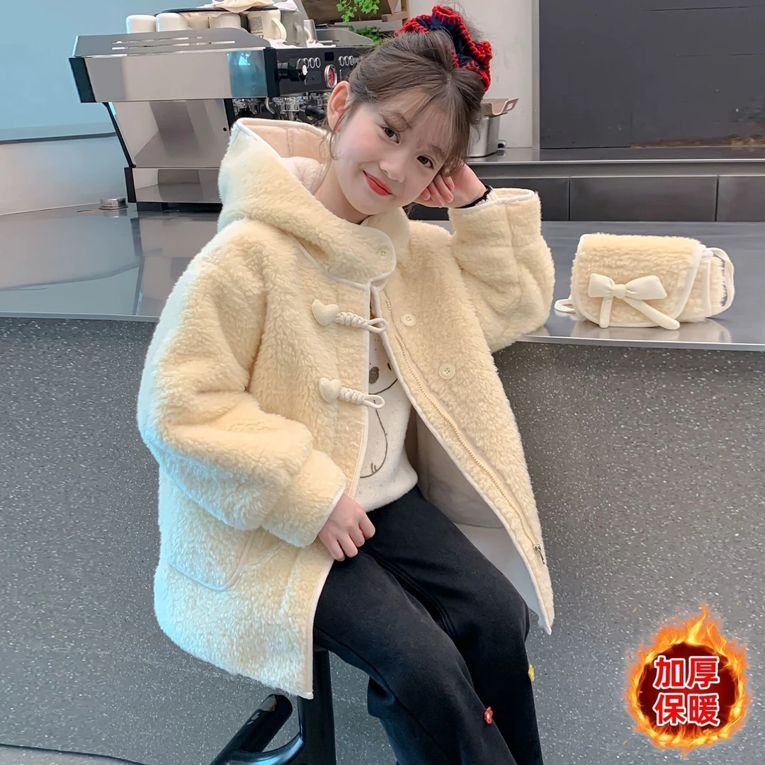 女童加厚外套秋冬款2025新款儿童冬装上衣加绒毛毛衣小女孩羊羔绒