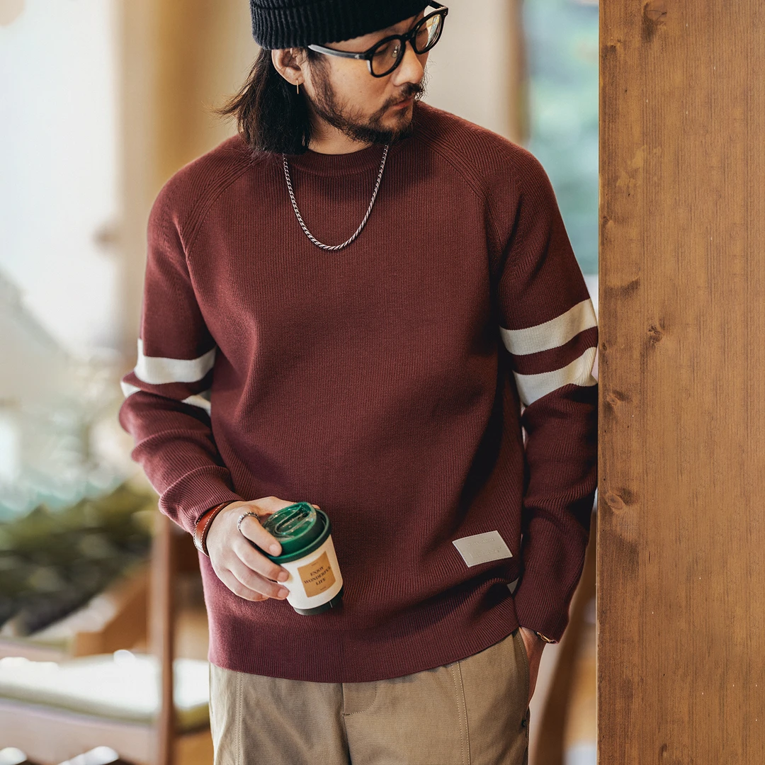 格蓝鹿美式复古撞色拼接圆领毛衣男冬季潮牌宽松休闲套头针织衫男