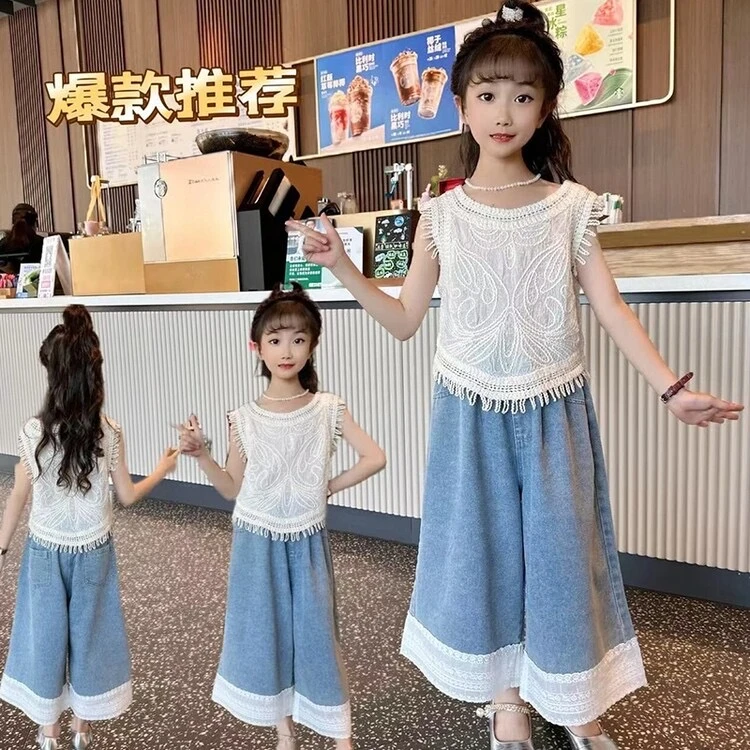 女童休闲风女童碎花牛仔千金风套装休闲女孩童装洋气夏装薄款韩版