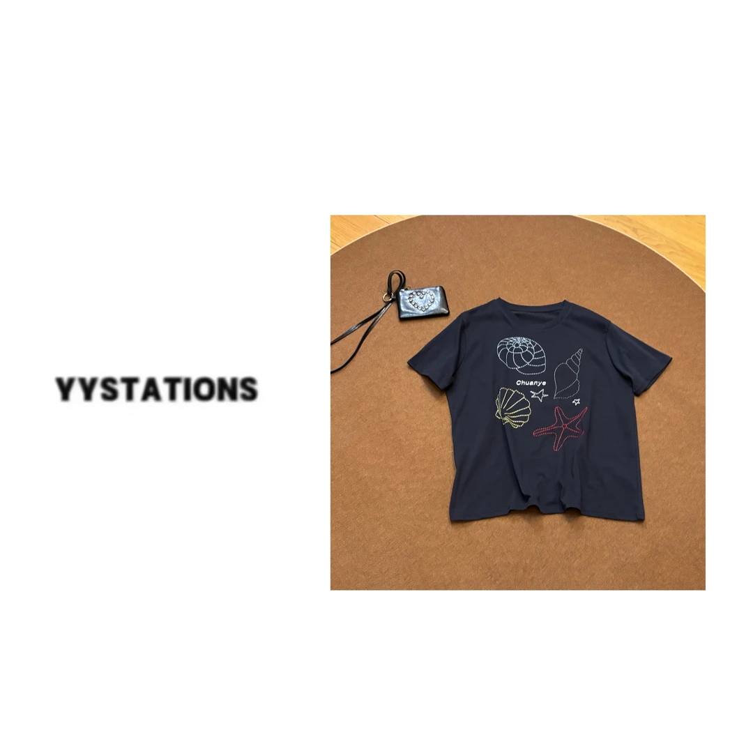 YYSTATIONS【海底世界！】原创贝壳刺绣正肩圆领重磅短袖T恤-9910