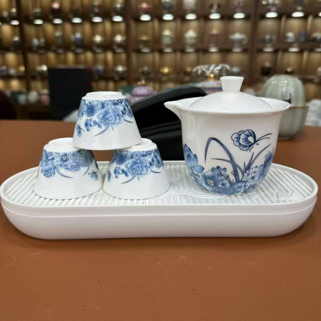 ZH2863-蓝莲花白瓷旅行套带包+白色密胺盘