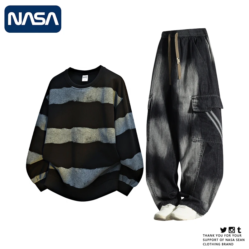 NASA秋季新款2025男士宽松大码条纹圆领卫衣套装搭配牛仔裤两件套