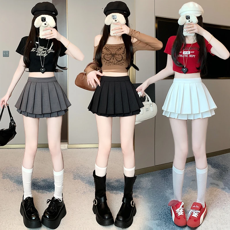 5125复古辣妹风双层百褶半身裙显瘦显腿长简约短裙春季高腰a字裙