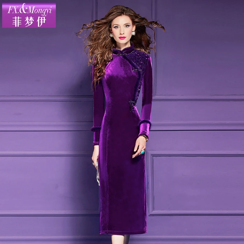 菲梦伊水貂毛拼接亮片秋冬新款加厚加绒显瘦时尚长袖连衣裙61709