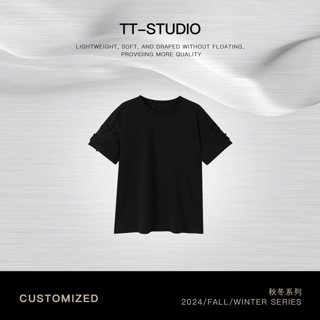 TT【花边T】2025年春夏新款圆领时尚休闲百搭黑色短袖T恤TT-SI160