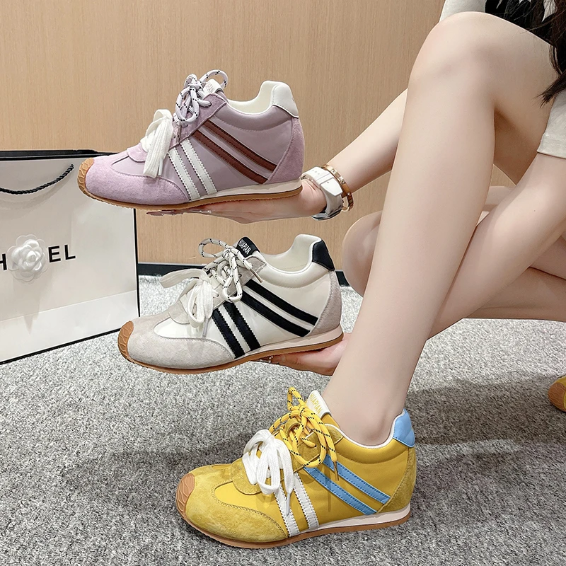 【5083】头层猪皮内增高6cm德训鞋女2025新款透气冰丝布面