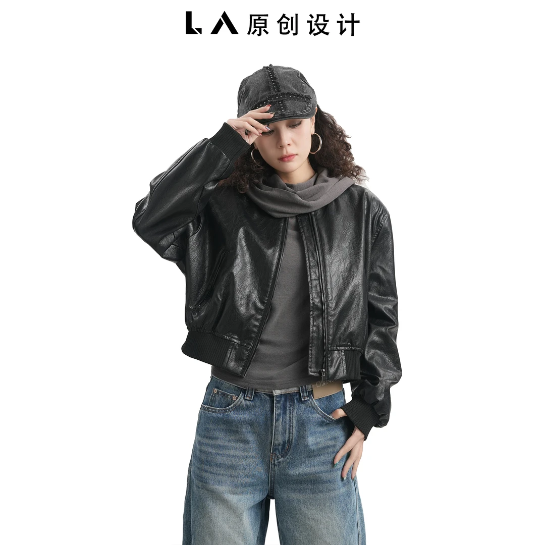 LA原创【港风皮衣】秋季设计感牛仔拼接皮衣外套