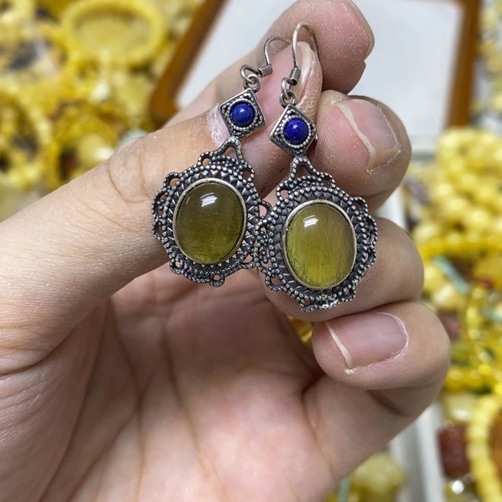 蜜蜡银S925镶嵌裸石耳钩