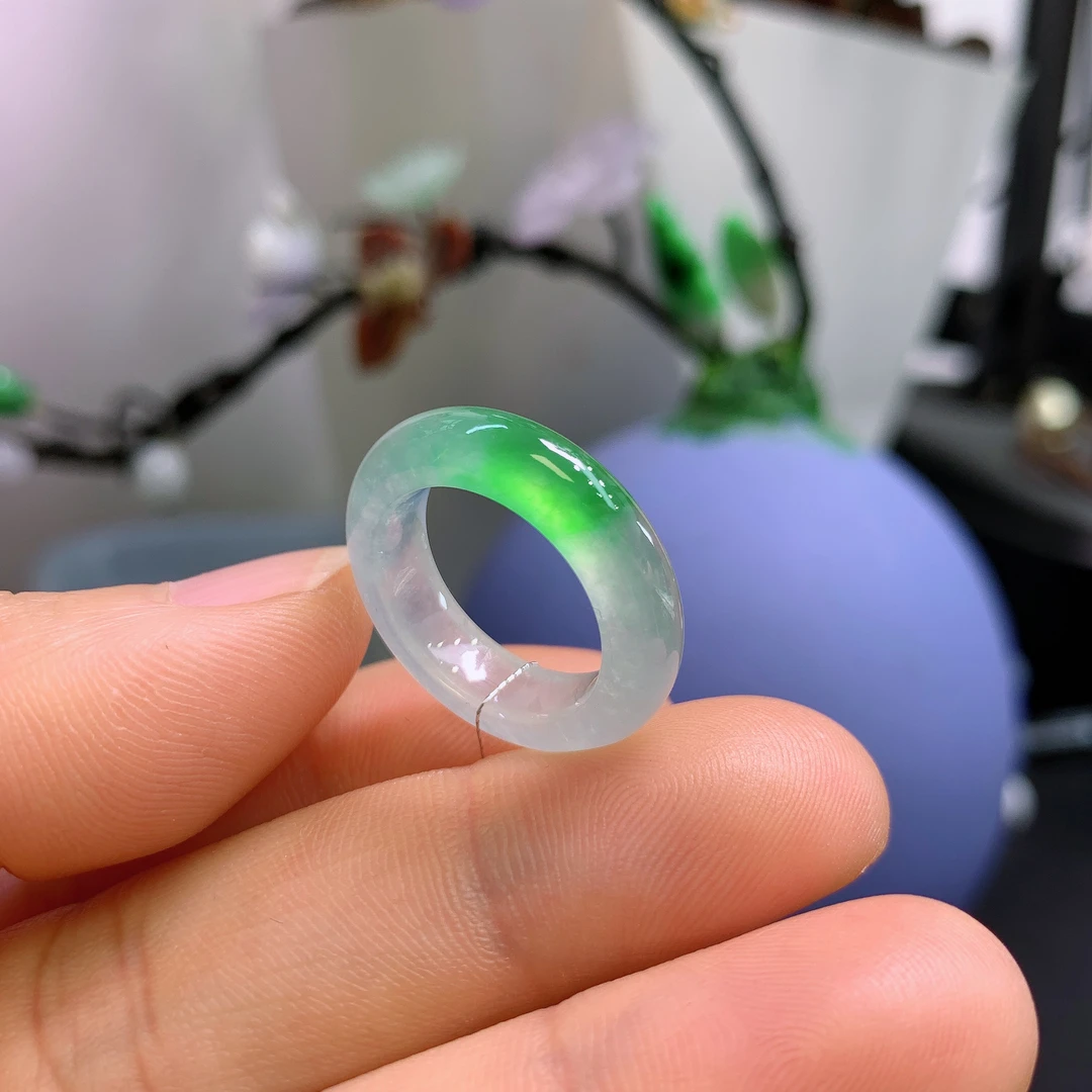 9圈口缅甸天然翡翠A货冰甜阳绿荧光棒戒指A960#