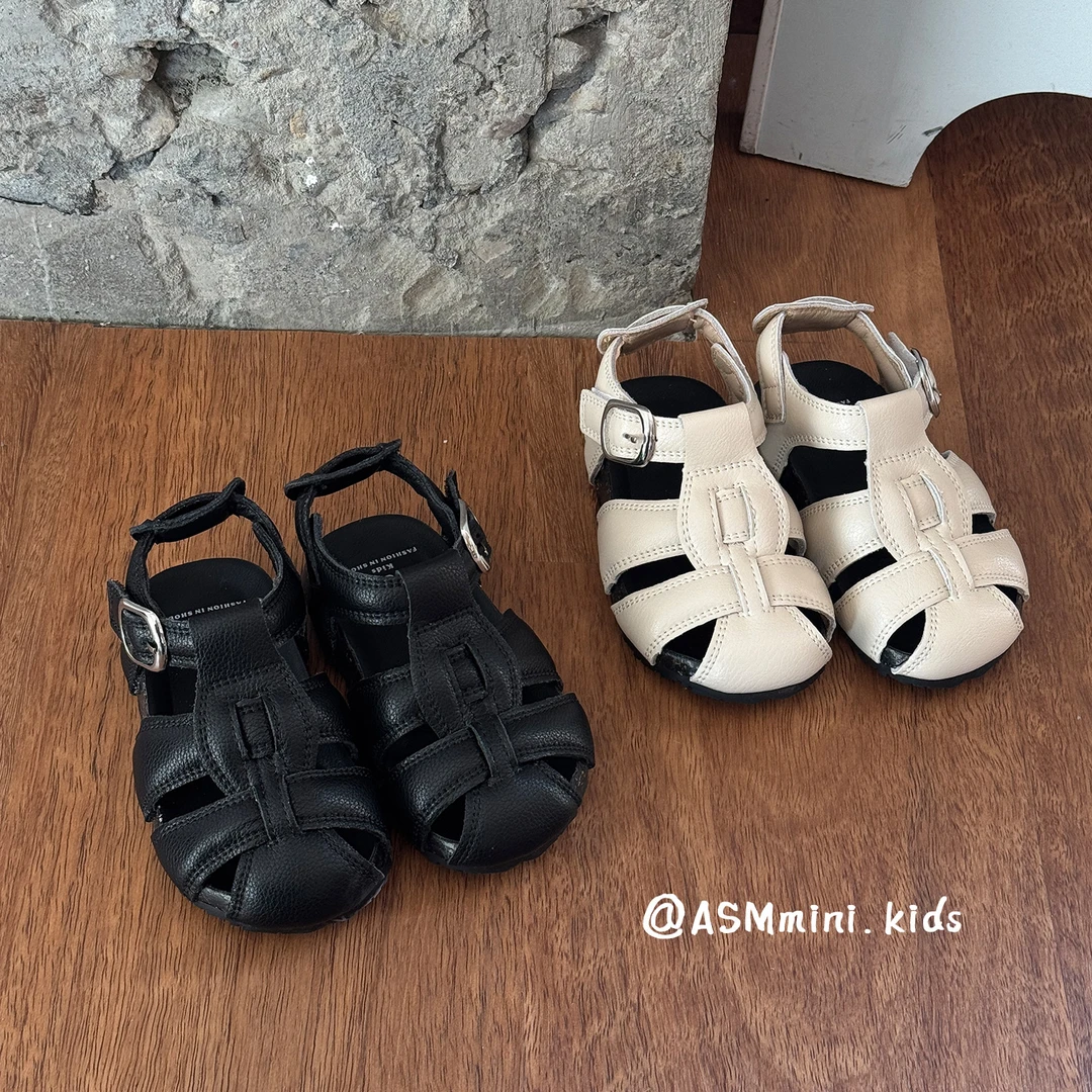 牛皮2025夏季新款儿童包头男童黑白简约博肯凉鞋软底休闲女童沙滩