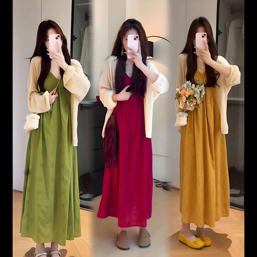 夏日漂亮小套装女温柔风薄款针织开衫独特好看V领镂空吊带连衣裙