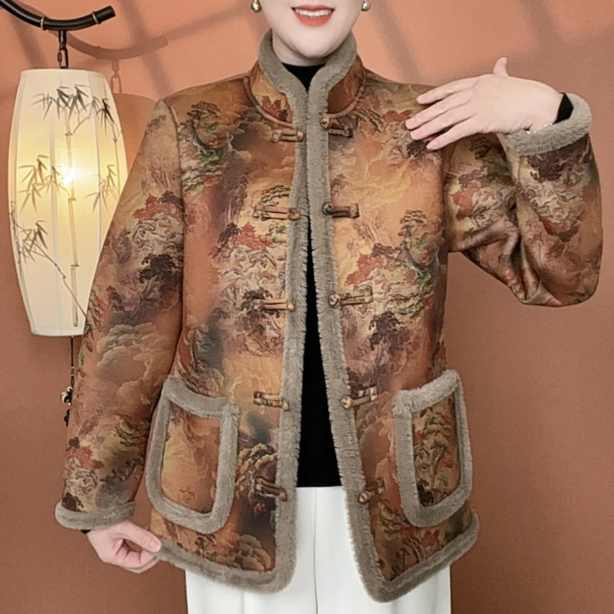 新中式加绒加厚中老年女装妈妈款花棉衣中式山水画加厚外套