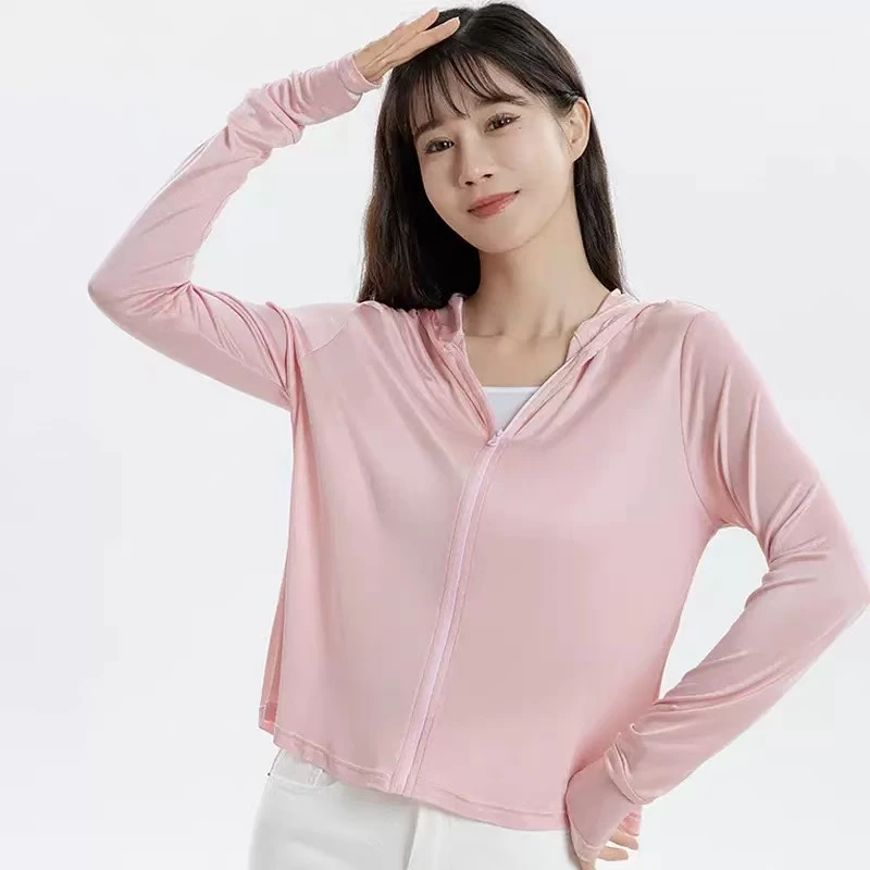 桑蚕丝真丝针织新款防晒长袖女士宽松拉链式连帽上衣68W-075198