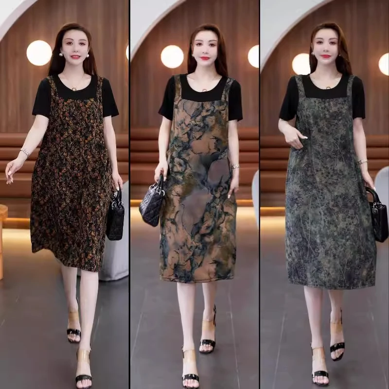 洋气大码薄款夏季时尚气质宽松印花假两件遮肉显瘦妈妈连衣裙