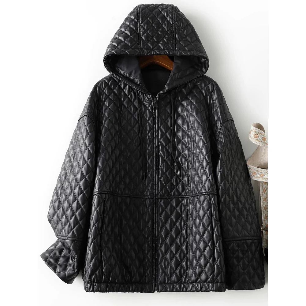 2025新款海宁真皮皮衣女连帽短款绵羊皮皮夹克菱形格加棉外套6118