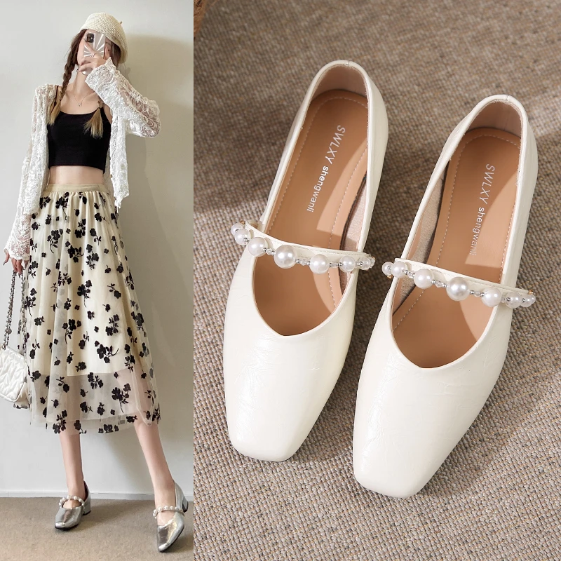 法式玛丽珍鞋女2024夏季新款珍珠一字带白色气质配裙子单鞋潮