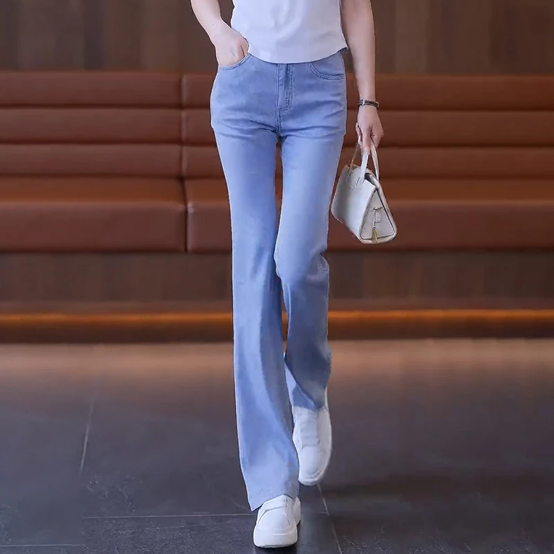 天丝微喇牛仔裤女士夏季爆款2025新款高腰修身弹力薄款冰丝喇叭裤