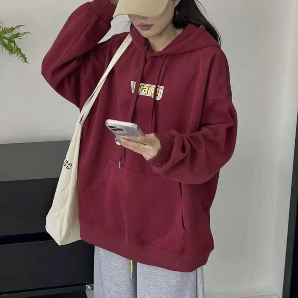 2025年新款春季宽松纯色韩系慵懒风卫衣女潮牌高级感连帽长袖上衣